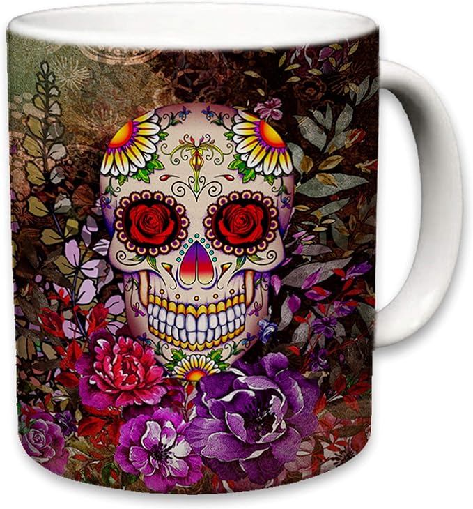 Sweet Gisele Sugar Skull Ceramic Mug, Floral Print Coffee Cup, Day of the Dead Design, Beautiful Vivid Colors, Great Novelty Mugs 11 Fl Oz Multicolored