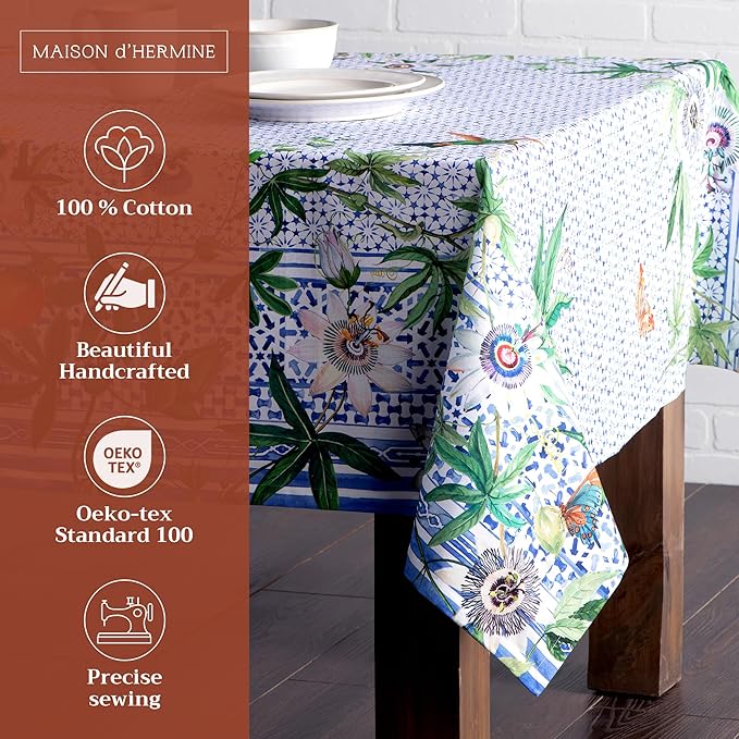 Maison d' Hermine Table Cloth Rectangle Table 100% Cotton 60 x 90 Inches Tablecloth Reusable Decorative for Dining Room Farmhouse Home Valentines Day Decorations Spring Summer - Passiflora