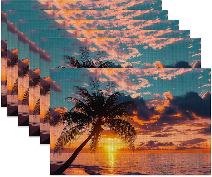 Tropical Palm Tree Table Placemats Set of 6,Non-Slip Summer Beach Sunset Fabric Placemats for Dining Room Kitchen Party Holiday, Indoor Cloth Table Mats for Home Decor 11.8x17.7 Inch