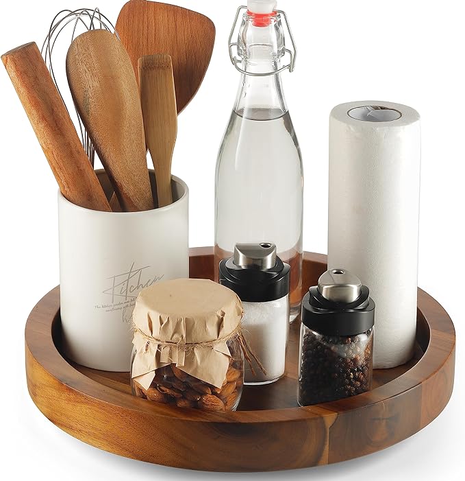 10" Acacia Wood Lazy Susan Organizer for Cabinet - Round Lazy Susans Turntable for Countertop - Wooden Kitchen Rotating Storage Food Bin Container for Centerpiece Table, Spices, Pantry