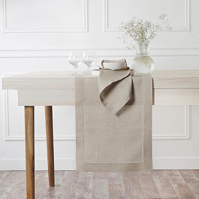 D'Moksha Homes Linen Natural Table Runner 144 Inches Long - 100% Pure Linen Extra Long Table Runner 14 x 144 Inch for Valentines, Spring, Easter - Classic Hemstitch