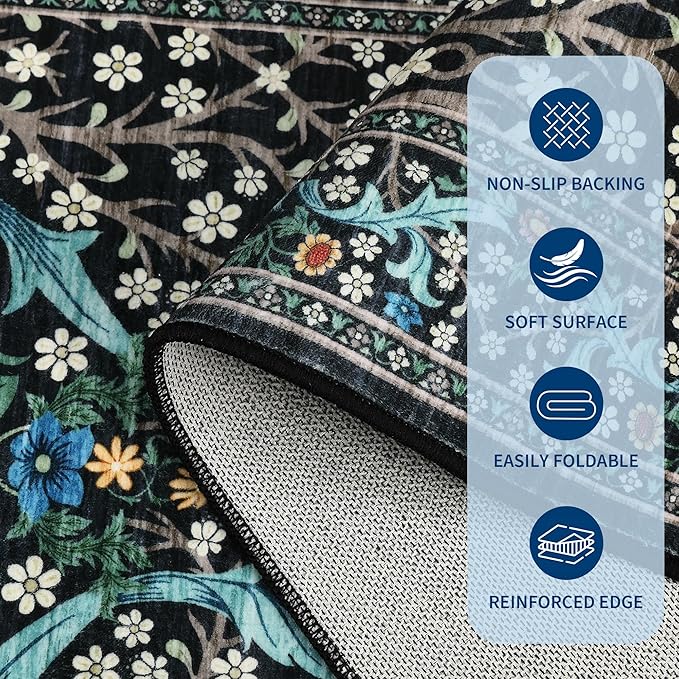 GarveeHome Floral Entryway Rug, 2x3 Washable Front Door Entry Throw Rugs Indoor, Non Slip Bathroom Small Rugs, Boho Thin Rug for Kitchen, Soft Carpet Mat for Bedroom Bathroom, Black