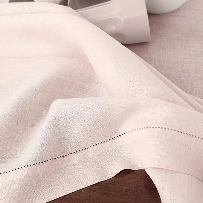 Solino Home Linen Tablecloth 60 x 144 Inch - Classic Hemstitch 100% Pure Linen Pink Table Cloth for Rectangle Tables - Machine Washable Tablecloth for Valentines, Spring, Easter