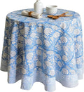 ATOSII Azora Blue 100% Cotton Round Tablecloth, Handblock Print Floral Table Cloth for Kitchen Dining Linen I Parties, Weddings, Outdoors I 90" Inches Round