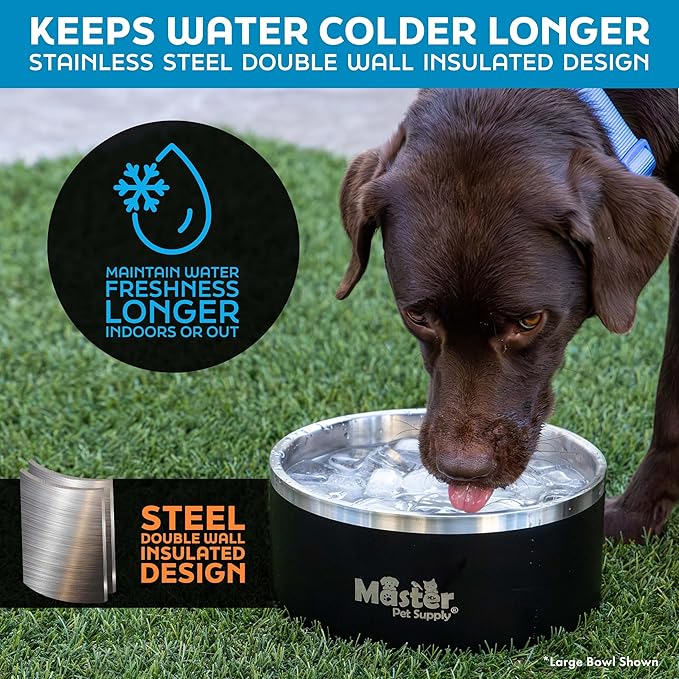 Master Pet Supply Stainless Steel Dog Bowls - 32 oz, Heavy Duty - Graphite, Double Wall Extra-Thick Insulated, Non-Slip Pet Water Bowl for Dogs, Cats & Pets, Anti Rust Metal, Dish Washer Safe