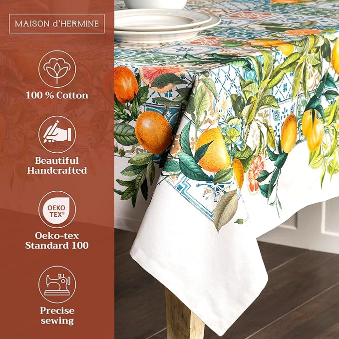 Maison d' Hermine Table Cloth Rectangle Table 100% Cotton 70 x 120 Inches Tablecloth Reusable Decorative for Dining Room Farmhouse Home Valentines Day Decorations Spring Summer - Agrume
