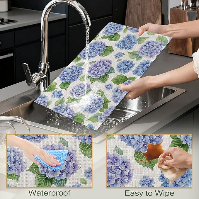 Blue Hydrangea Flower Fabric Placemats,Spring Floral Table Placemats Set of 6 Cloth Place Mats, Washable Heat-Resistant Table Mats for Home Kitchen Dining Room Decoration 11.8x17.7 Inch