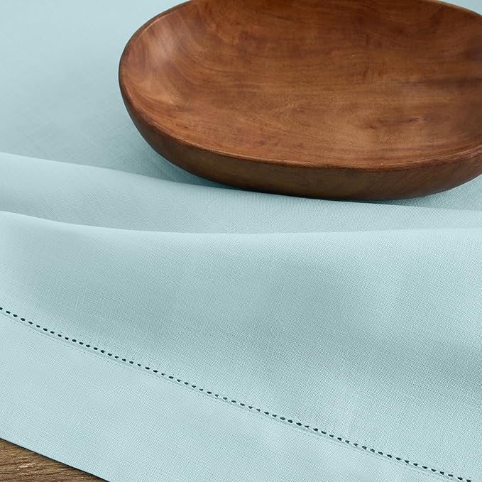 Solino Home Linen Tablecloth for Rectangle Tables 60 x 108 Inch - Classic Hemstitch 100% Pure Linen Aqua Blue Table Cloth - Machine Washable Cloth Tablecloth for Spring, Easter