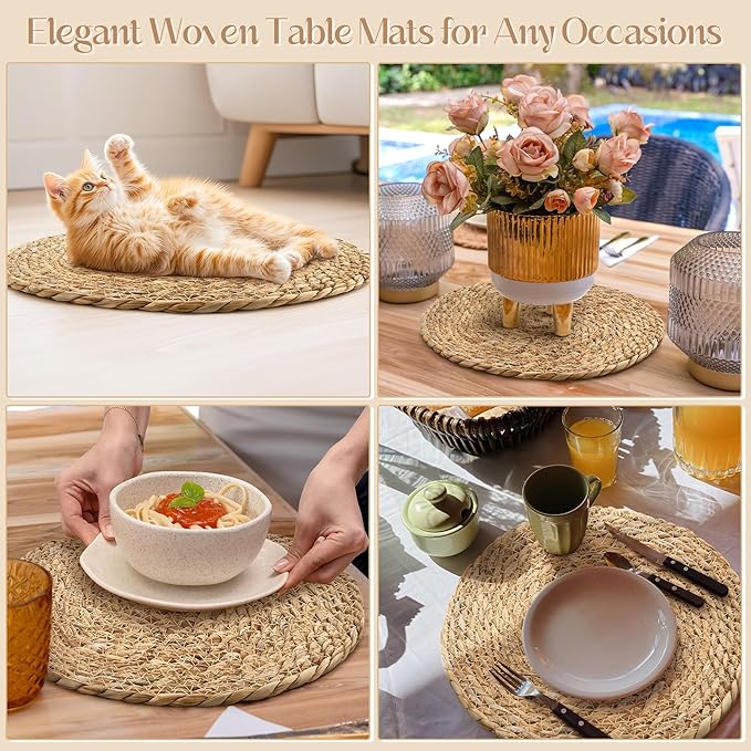 Aneco 48 Pack 13.8-Inch Round Woven Placemats Natural Hand-Woven Boho Rattan Wicker Bulrush Placemat Farmhouse Rustic Braided Table Mats for Dining & Kitchen Decor