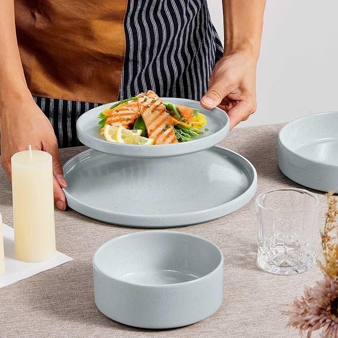Herogo Stoneware Dinnerware Set with Salad Bowls, Kitchen Dinner Dish Set for 4, 16 Piece Plates and Cereal Pasta Bowls, Chip & Scratch Resistant Dishware, Speckled Light Gray