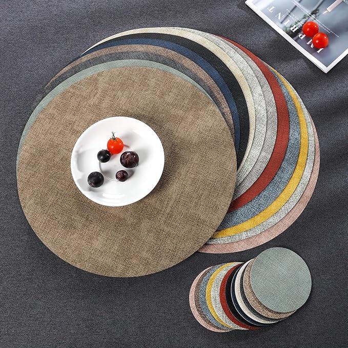 Myir JUN Round Placemats Dual Sided, Faux Leather Place Mats Set of 4 Indoor Placemats for Dining Table Outdoor Placemats Non-Slip Washable Table Mats (Set of 8, Gray Pink)