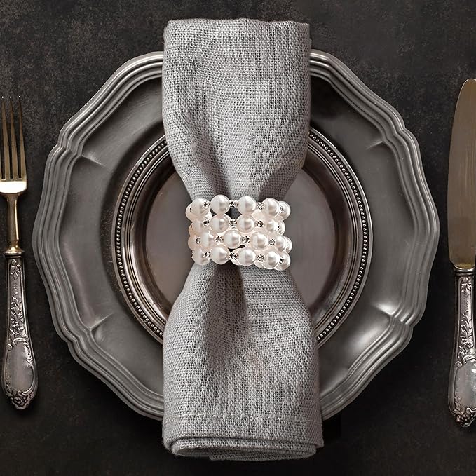 Decozen Set of 4 White Napkin Rings with Pearl Design, Festive, Table Decor Setting for Holiday, Wedding, Birthday, Kitchen, Home Decor, Housewarming Gift - Mothers Day Decorations