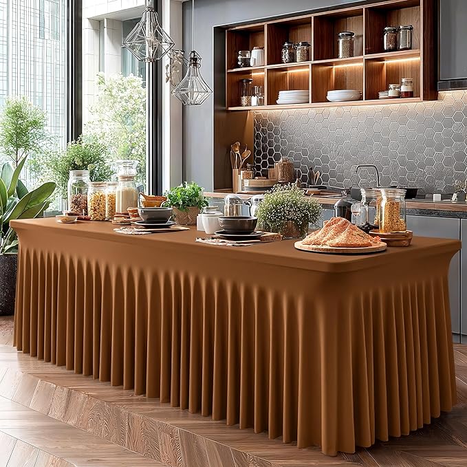 Wish Care 6 Pack Brown Spandex Table Clothes for 6 Foot Rectangle Tables, 6FT Wrinkle Free Fitted Tablecloths Ruffles Design Table Cover for Party, Banquet, Wedding and Events