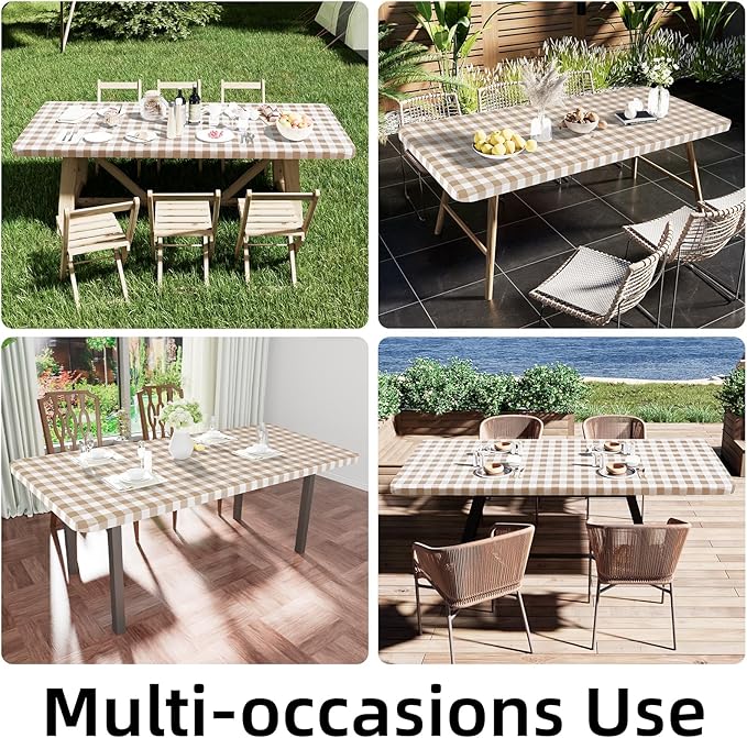 Smiry Rectangle Picnic Table Cloth, Elastic Waterproof Fitted Vinyl Tablecloths, Flannel Backed Buffalo Plaid Table Covers for Dining, Camping, Outdoor (White and Khaki, 30" x 60")