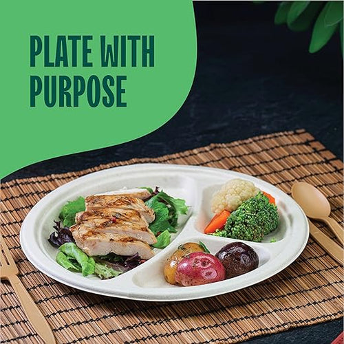 100% Compostable Paper Plates 10 Inch Bulk [500 Count] Heavy-Duty Dinner Plates with Compartments - Natural Brown Color Bagasse - Eco-Friendly Disposable Biodegradable Sugarcane - [Case 4/125 Pack]