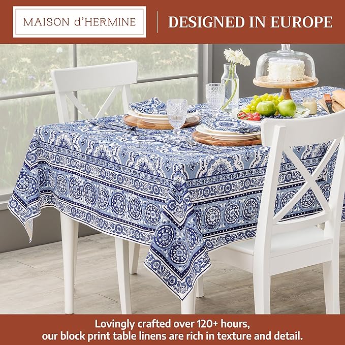 Maison d' Hermine Table Cloth Rectangle Table 100% Cotton 60 x 108 Inches Tablecloth Reusable Decorative for Dining Room Farmhouse Home Valentines Day Decorations Spring Summer - Melodie Bleue