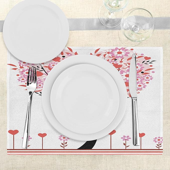 Ambesonne Valentine Place Mats Set of 8, Heart Shaped Tree Daisies Wildflowers Red Leaves Forest Romance Season Image, Washable Fabric Placemats for Dining Table, Placemat 8 pcs, Pink Red