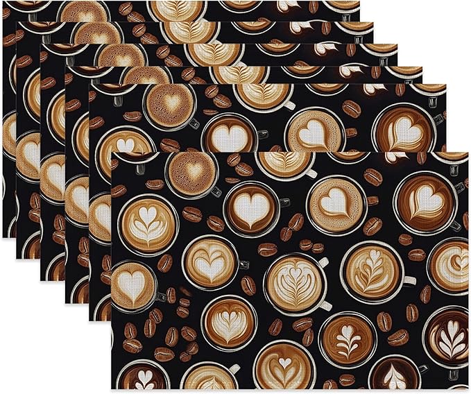 Cloth Placemats,Coffee Theme Fabric Placemats Set of 6,Washable Coffee Beans Table Mats,Decorative Place Mats for Dining Home Kitchen Holiday Party 11.8x17.7 Inch