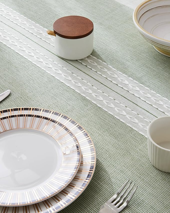 ZeeMart Contrast Linen Round Tablecloth 52 Inch Mid-Stripe Green, Farmhouse Style Round Table Cloth Heavy Weight Sage Green Tablecloths, Water Resistant Burlap Table Cloths