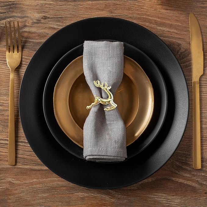 Decozen Set of 4 Gold Napkin Rings in Stag Design Festive Table Decor Setting for Holiday Wedding, Birthday, Kitchen, Home Decor Housewarming Gift - Thanksgiving & Christmas Gift Decoration
