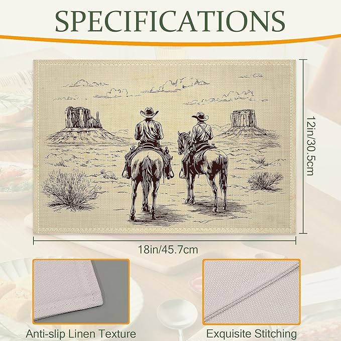 Cloth Placemats,Western Cow Boy Fabric Placemats Set of 6,Washable Retro Table Mats,Decorative Place Mats for Dining Home Kitchen Holiday Party 11.8x17.7 Inch
