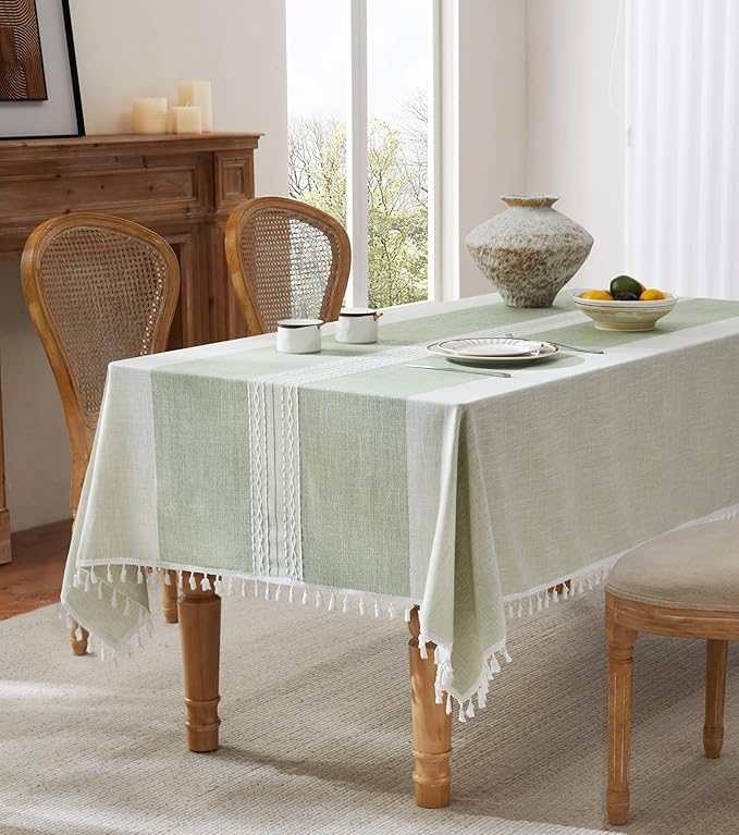 ZeeMart Contrast Linen Table Cloth Rectangle Table Cloths 60x120 Inch Mid-Stripe Green, Farmhouse Style Heavy Weight Sage Green Tablecloth, Water Resistant Burlap Tablecloths