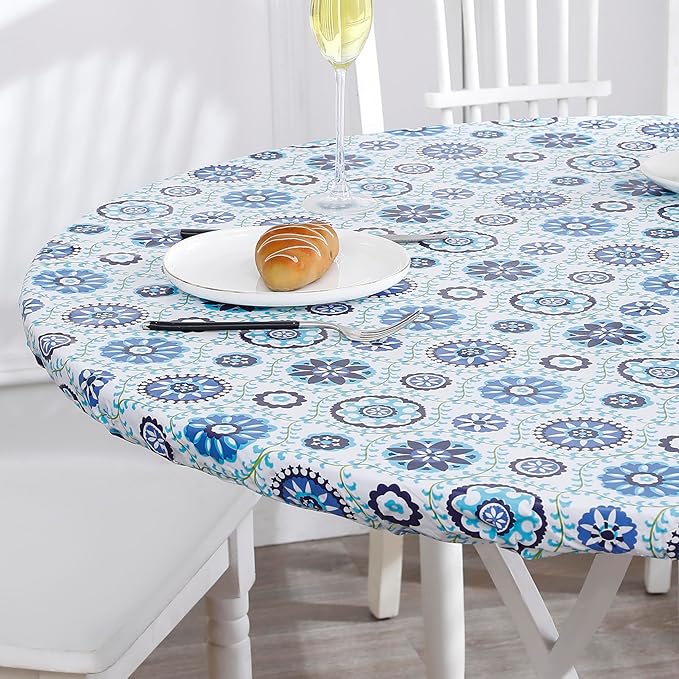 Walrus Round Vinyl Fitted Tablecloth with Flannel Backing Elastic Edge Design Table Cover Waterproof Oil-Proof PVC Table Cloth Stain-Resistant Best for 57"-66" Round