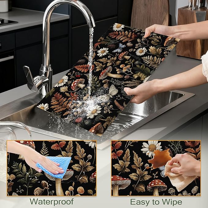 Cloth Placemats,Forest Mushroom Fabric Placemats Set of 6,Washable Rustic Herb Leaf Wildflower Table Mats,Decorative Place Mats for Dining Home Kitchen Holiday Party 11.8x17.7 Inch