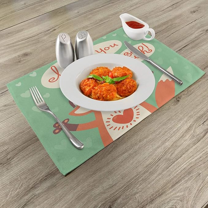 Ambesonne Lifestyle Place Mats Set of 4, I Love You So Much Fox Humor Romance Birthday Celebration Graphic Print, Washable Fabric Placemats for Dining Table, Standard Size, Mint Green