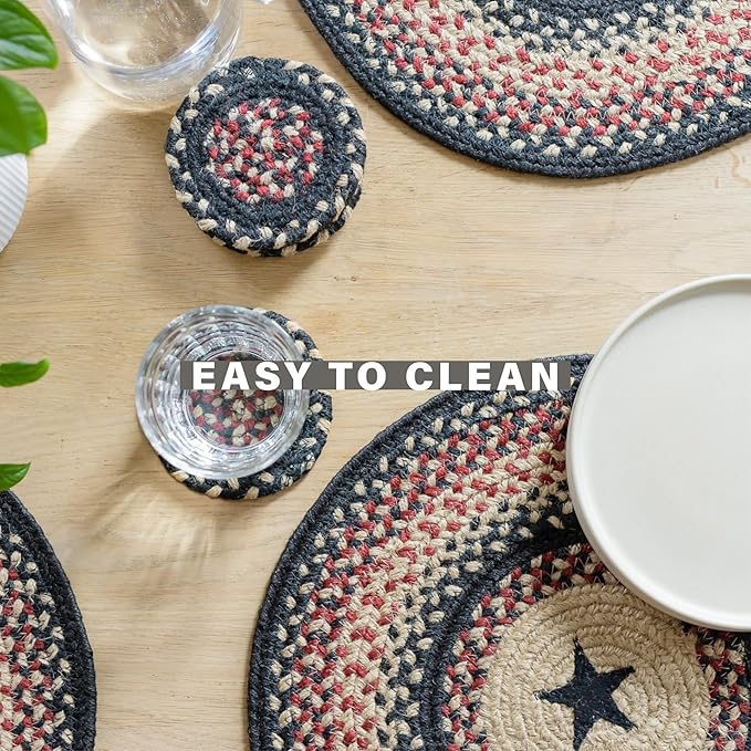 Homespice Primitive Star Gloucester Jute Braided Placemats, Warm Primitive Decor, Set of 4, Black and Red 13x19 Oval Table Mats - Vibrant Colors, Durable, Easy to Clean and Protects Furniture