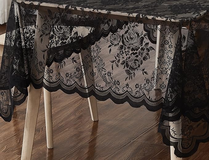 Warm Home Designs 60 x 120 Lace Tablecloth. Black Rectangle Tablecloth with English Rose Design. Rectangular Tablecloth, Rustic Tablecloth or Dining Table Cover for 10-12 Guests. LTC Black 120"