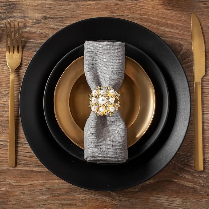 Decozen Set of 4 Gold Napkin Rings with Pearl Design, Festive, Table Decor Setting for Holiday, Wedding, Birthday, Kitchen, Home Decor, Housewarming Gift - Thanksgiving & Christmas Gift Decoration