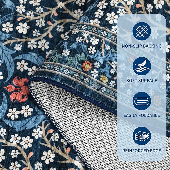 GarveeHome Floral Hallway Runner Rug Non-Slip, 2.5x10 Washable Rugs Ultra-Thin Soft Rug for Hallways, Kitchen Mat Stain Resistant Carpet for Entryway Bathroom, Dark Blue