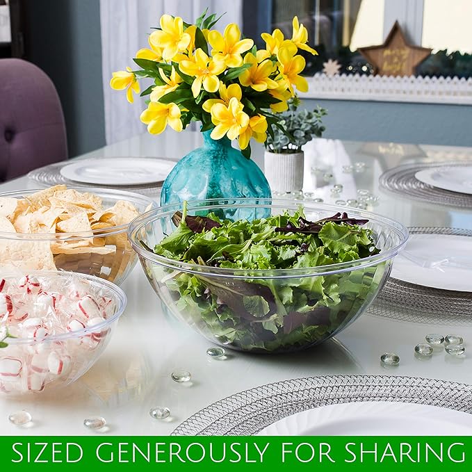 PLASTICPRO Disposable 96 Ounce Round Crystal Clear Plastic Serving Bowls, Party Snack or Salad Bowl, Chip Bowls, Snack Bowls, Candy Dish, Salad Container Pack of 8