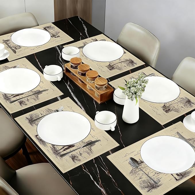Cloth Placemats,Western Cow Boy Fabric Placemats Set of 6,Washable Retro Table Mats,Decorative Place Mats for Dining Home Kitchen Holiday Party 11.8x17.7 Inch