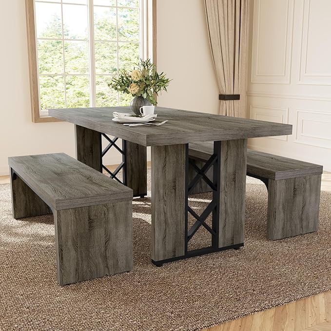 3-Piece Dining Table Set for 6 People, 70.8'' Rectangle Kitchen Table with 2 Benches for Breakfast Nook, Dining Room Furniture(Grey Table+2 Benches)