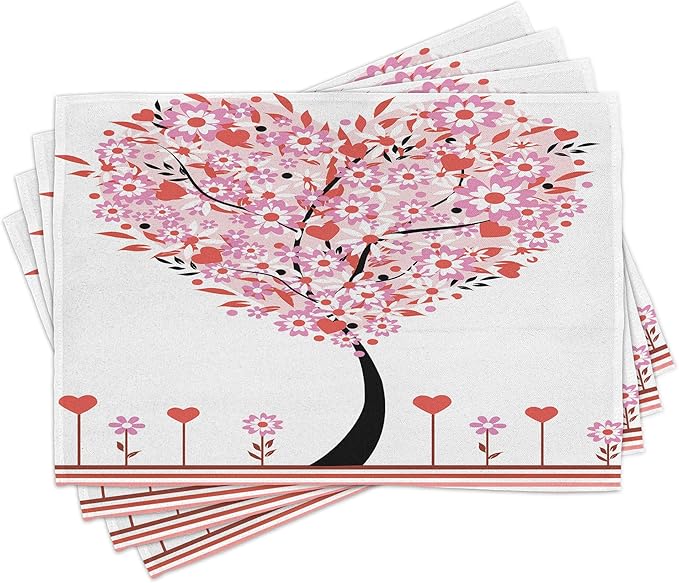 Ambesonne Valentine Place Mats Set of 8, Heart Shaped Tree Daisies Wildflowers Red Leaves Forest Romance Season Image, Washable Fabric Placemats for Dining Table, Placemat 8 pcs, Pink Red