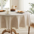 Linen Tablecloth with Tassels, Farmhouse Style Beige Tablecloth, Water Resistant Burlap Tablecloths for Round Table, 52 Inch Round Natural