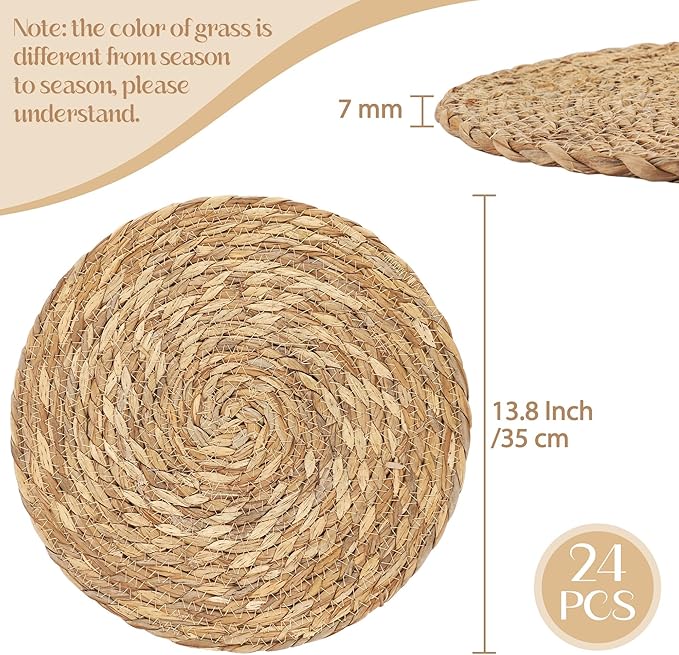Aneco 24 Pack 13.8-Inch Round Woven Placemats Natural Hand-Woven Boho Rattan Wicker Bulrush Placemat Farmhouse Rustic Braided Table Mats for Dining & Kitchen Decor