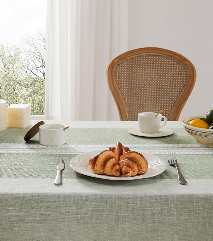 ZeeMart Contrast Linen Table Cloth Rectangle Table Cloths 60x120 Inch Mid-Stripe Green, Farmhouse Style Heavy Weight Sage Green Tablecloth, Water Resistant Burlap Tablecloths