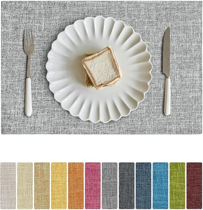 Softalker Faux Linen Placemats Set of 8-12 x 18 Inch, Heat Resistant Double Layered Durable Burlap Farmhouse Place Mats, Non-Slip Washable Rustic Table Mats for Dining, Kitchen, Party（Ash Grey