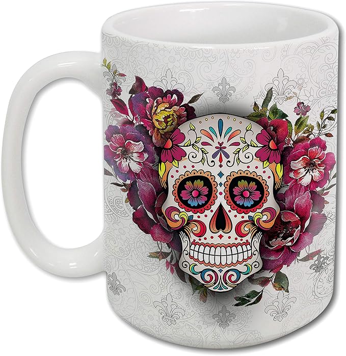 Sweet Gisele Sugar Skull Ceramic Mug, Floral Print Coffee Cup, Day of the Dead Design, Beautiful Colors, Great Novelty Gifts 15 Fl Oz White