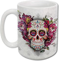 Sweet Gisele Sugar Skull Ceramic Mug, Floral Print Coffee Cup, Day of the Dead Design, Beautiful Colors, Great Novelty Gifts 15 Fl Oz White
