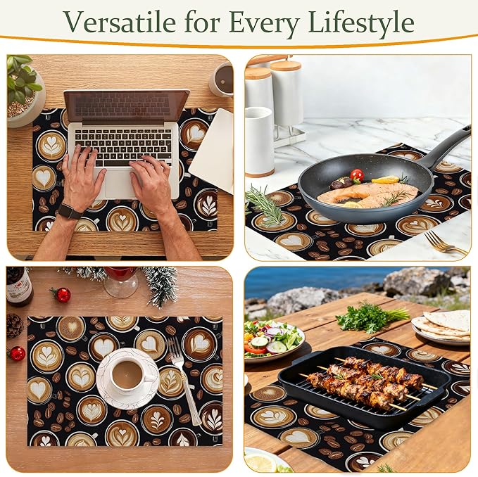 Cloth Placemats,Coffee Theme Fabric Placemats Set of 6,Washable Coffee Beans Table Mats,Decorative Place Mats for Dining Home Kitchen Holiday Party 11.8x17.7 Inch