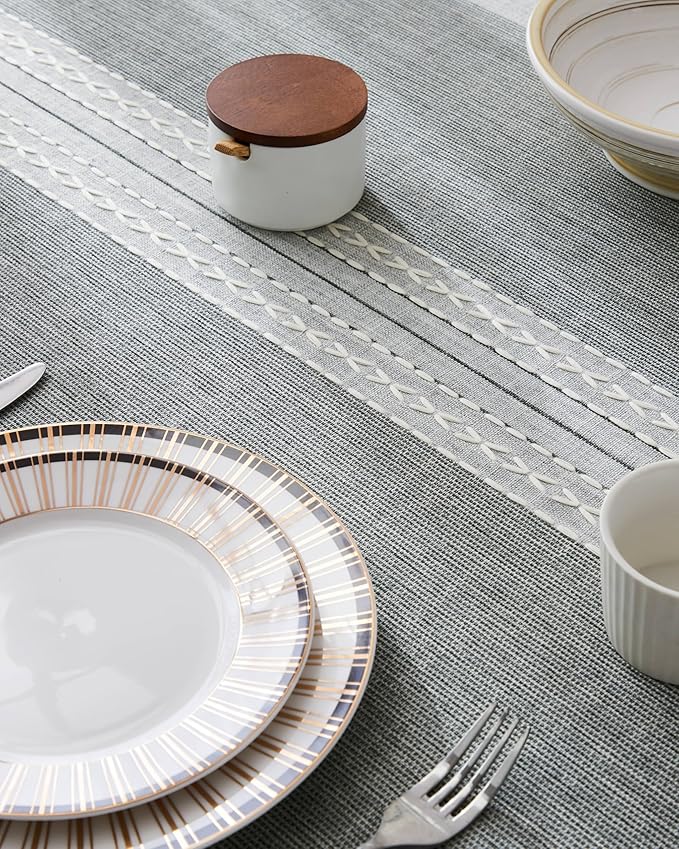 ZeeMart Contrast Linen Table Cloth Rectangle Table Cloths 60x120 Inch Mid-Stripe Grey, Farmhouse Style Heavy Weight Grey Tablecloth, Water Resistant Burlap Tablecloths