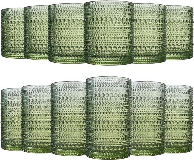 Khen Hobnail Beaded Highball Drinking Tumbler Glasses | Set of 12 | Color, Vintage Bubble Design Whiskey Glassware, Old-Fashioned, Embossed Design for Water Wine, Cocktail Embossed Heavy Glass (Green)