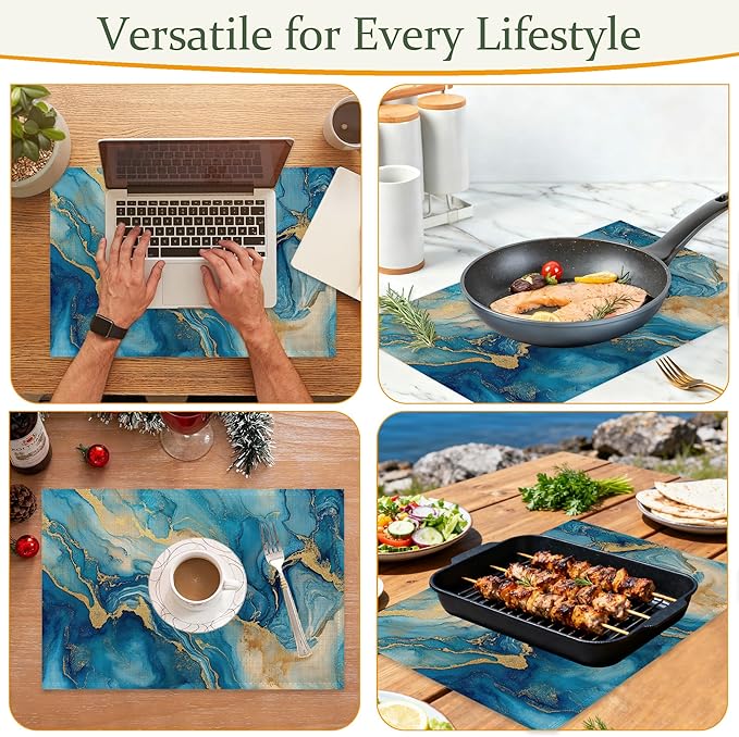 Blue Gold Marble Table Placemats Set of 6,Non-Slip Modern Abstract Fabric Placemats for Dining Room Kitchen Party Holiday, Indoor Cloth Table Mats for Home Decor 11.8x17.7 Inch