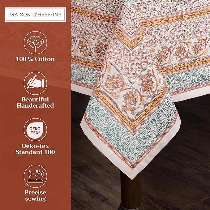 Maison d' Hermine Table Cloth Rectangle Table 100% Cotton 54 x 72 Inches Fall Tablecloth Reusable Everyday Use for Thanksgiving Christmas Decorations Dining Farmhouse Party (Nila)