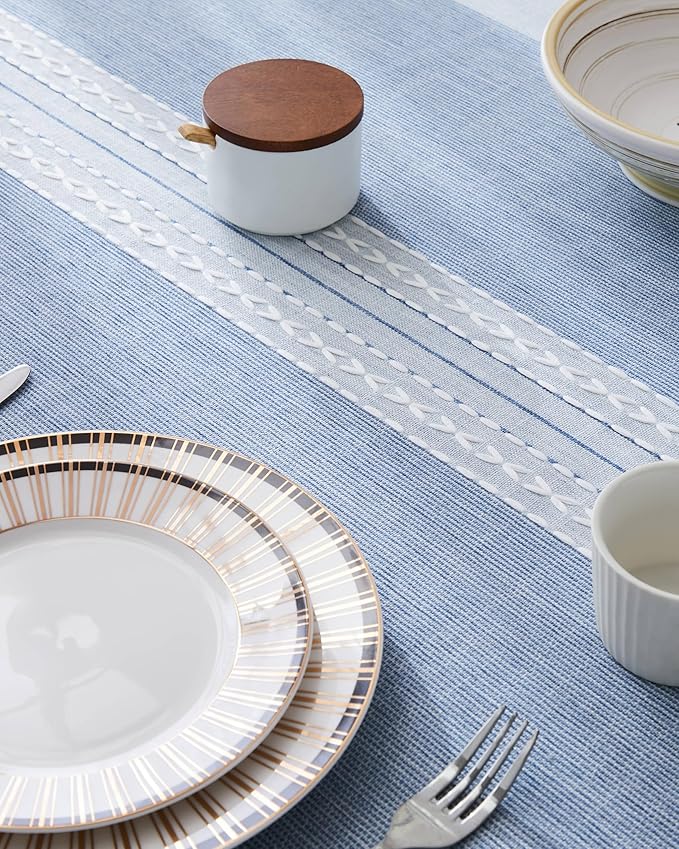 ZeeMart Contrast Linen Table Cloth Rectangle Table Cloths 60x120 Inch Mid-Stripe Blue, Farmhouse Style Heavy Weight Dusty Blue Tablecloth, Water Resistant Burlap Tablecloths