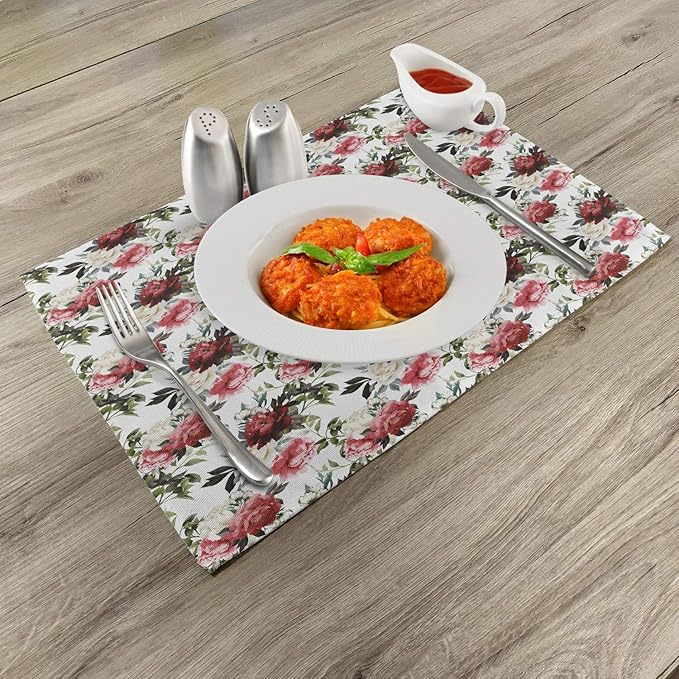 Ambesonne Shabby Flora Place Mats Set of 4, Country Style Floral Flower Roses Watercolor Image Art, Washable Fabric Placemats for Dining Table, Standard Size, Coral Maroon